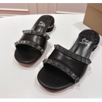 Unique Style Christian Louboutin Pyrasand Heel Slides Sandal 5.5cm in Waxed Leather with Spike Studs Black 1030131