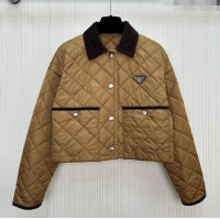 Luxury Cheap Prada Quilted Cotton-Padded Short Jacket Brandy PR091964 Brown 2025