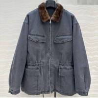 Super Quality Prada Canvas and Mink Fur Jacket 1014 Blue 2025
