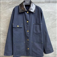 Luxury Cheap Prada Cotton and Lambskin Leather Jacket PR101501 Blue 2025
