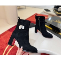 Stylish Christian Louboutin Booty Lock Heel Ankle Boots 7cm in Suede Black 1030155