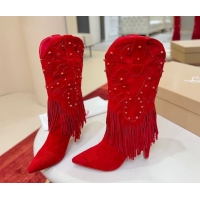 Good Quality Christian Louboutin Santia Fringe Heel Ankle Boots 8.5cm in Suede Red 1030157