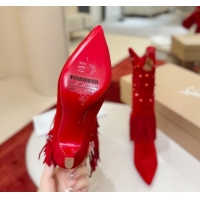 Good Quality Christian Louboutin Santia Fringe Heel Ankle Boots 8.5cm in Suede Red 1030157