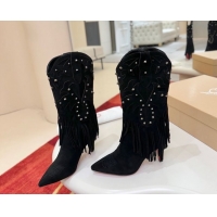 Grade Quality Christian Louboutin Santia Fringe Heel Ankle Boots 8.5cm in Suede Black 1030158