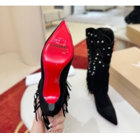 Grade Quality Christian Louboutin Santia Fringe Heel Ankle Boots 8.5cm in Suede Black 1030158