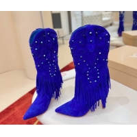 Pretty Style Christian Louboutin Santia Fringe Heel Ankle Boots 8.5cm in Suede Blue 1030159