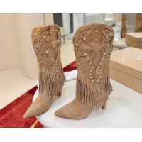 Best Grade Christian Louboutin Santia Fringe Heel Ankle Boots 8.5cm in Suede Beige 1030160