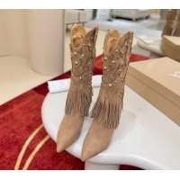 Best Grade Christian Louboutin Santia Fringe Heel Ankle Boots 8.5cm in Suede Beige 1030160