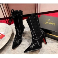 Top Design Christian Louboutin Santiabotta Strass Heel Ankle Boots 8.5cm in Suede Black 1030175