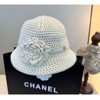 Shop Discount Chanel Knit Bucket Hat with Camellia Bloom CH111101 White 2025