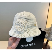 Shop Discount Chanel Knit Bucket Hat with Camellia Bloom CH111101 White 2025