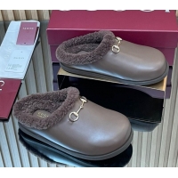 AAAAA Gucci Leather and Wool Flat Mules with Horsebit Dark Brown 1020001