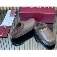 AAAAA Gucci Leather and Wool Flat Mules with Horsebit Dark Brown 1020001
