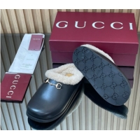 Good Product Gucci Leather and Wool Flat Mules with Horsebit Black 1020002