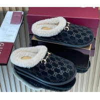 Best Price Gucci GG Suede and Wool Flat Mules with Horsebit Black 836057 1020003