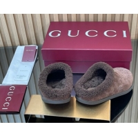 Reasonable Price Gucci GG Suede and Wool Flat Mules with Horsebit Dark Brown 836057 1020004