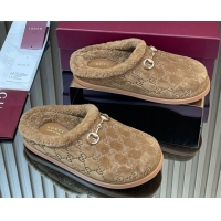 Classic Practical Gucci GG Suede and Wool Flat Mules with Horsebit Brown 836057 1020005