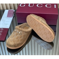 Classic Practical Gucci GG Suede and Wool Flat Mules with Horsebit Brown 836057 1020005