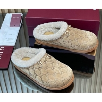 Low Cost Gucci GG Suede and Wool Flat Mules with Horsebit Beige 836057 1020006