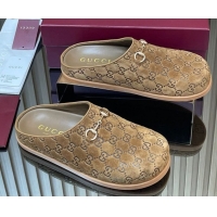 Stylish Gucci GG Suede Flat Mules with Horsebit Light Brown 20252 836057 1020009