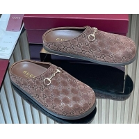 Classic Hot Gucci GG Suede Flat Mules with Horsebit Dark Brown 836057 1020010