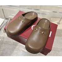 Good Quality Gucci Leather Flat Mules with Horsebit Coffee Brown 20252 836057 1020014