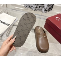 Good Quality Gucci Leather Flat Mules with Horsebit Coffee Brown 20252 836057 1020014