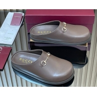 Best Grade Gucci Leather Flat Mules with Horsebit Dark Brown 836057 1020015