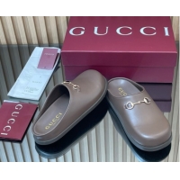 Best Grade Gucci Leather Flat Mules with Horsebit Dark Brown 836057 1020015