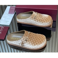 Top Grade Gucci GG Velvet Flat Mules with Horsebit Beige 1020021