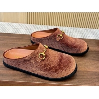 Best Grade Gucci GG Velvet Flat Mules with Horsebit Golden Brown 1020024