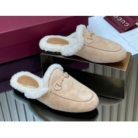 Low Price Gucci Princetown Suede and Wool Flat Slipper with Horsebit Nude 1020028