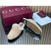 Low Price Gucci Princetown Suede and Wool Flat Slipper with Horsebit Nude 1020028
