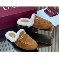 Best Product Gucci Princetown Suede and Wool Flat Slipper with Horsebit Brown 1020029
