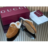 Best Product Gucci Princetown Suede and Wool Flat Slipper with Horsebit Brown 1020029