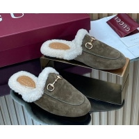 Luxury Gucci Princetown Suede and Wool Flat Slipper with Horsebit Dark Green 1020030