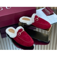 Good Product Gucci Princetown Suede and Wool Flat Slipper with Horsebit Red 1020031