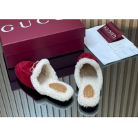 Good Product Gucci Princetown Suede and Wool Flat Slipper with Horsebit Red 1020031