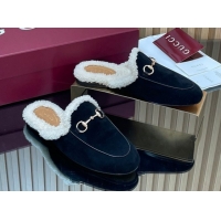 Unique Style Gucci Princetown Suede and Wool Flat Slipper with Horsebit Black 1020032