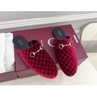 Charming Gucci GG Velvet Flat Mules with Horsebit Red 1020035