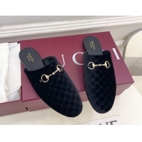 Good Quality Gucci GG Velvet Flat Mules with Horsebit Black 1020036