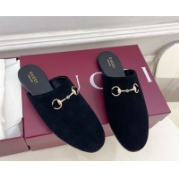 Top Quality Gucci Suede Flat Mules with Horsebit Black 1020039