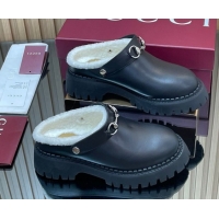 Best Price Gucci Leather and Wool Mule with Horsebit 835829 Black 1020048