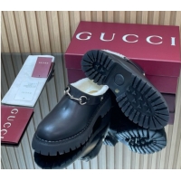 Best Price Gucci Leather and Wool Mule with Horsebit 835829 Black 1020048
