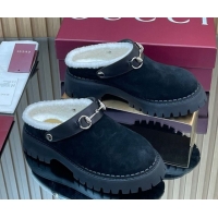 Best Quality Gucci Suede and Wool Mule with Horsebit 835829 Black 1020049