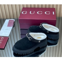 Best Quality Gucci Suede and Wool Mule with Horsebit 835829 Black 1020049