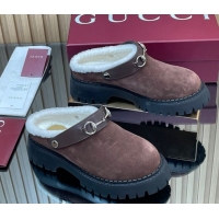 Durable Gucci Suede and Wool Mule with Horsebit 835829 Dark Brown 1020050