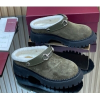 Super Quality Gucci Suede and Wool Mule with Horsebit 835829 Green 1020051