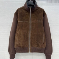 Super Quality Miu Miu Sheepskin Suede and Knit Jacket 0814 Dark Brown 2025