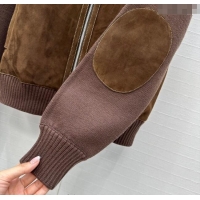 Super Quality Miu Miu Sheepskin Suede and Knit Jacket 0814 Dark Brown 2025